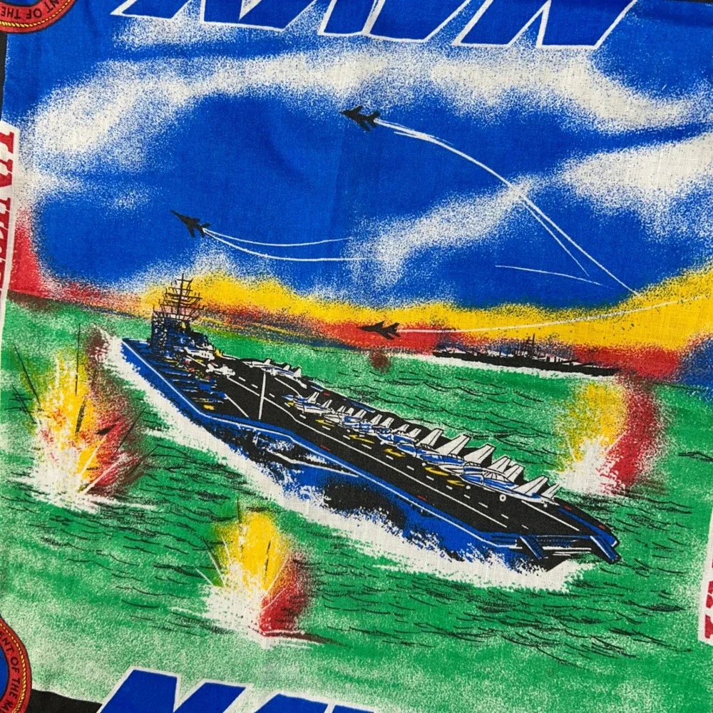 Vintage US Navy Bandana Aircraft Carrier Fighter Jet Black USA Made Cotton Poly